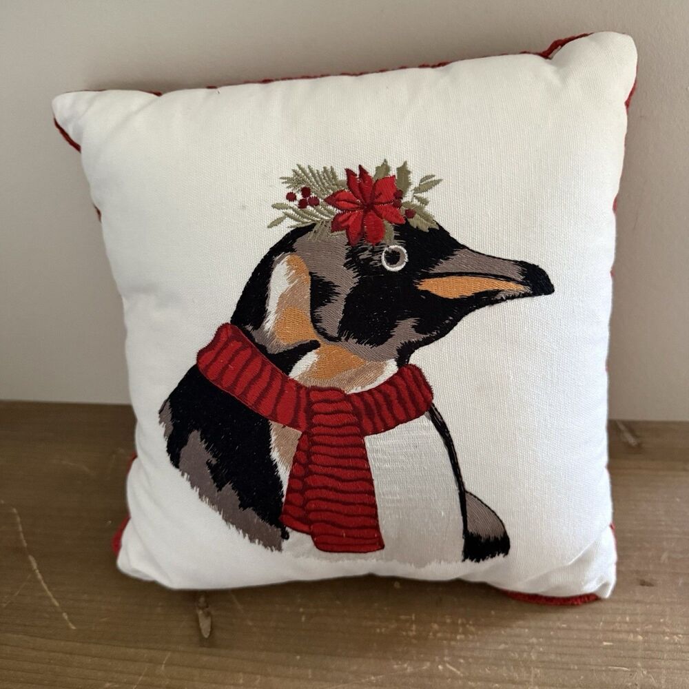 Pier 1 Penguin Holiday Embroidered Pillow Removable Cover Multicolor